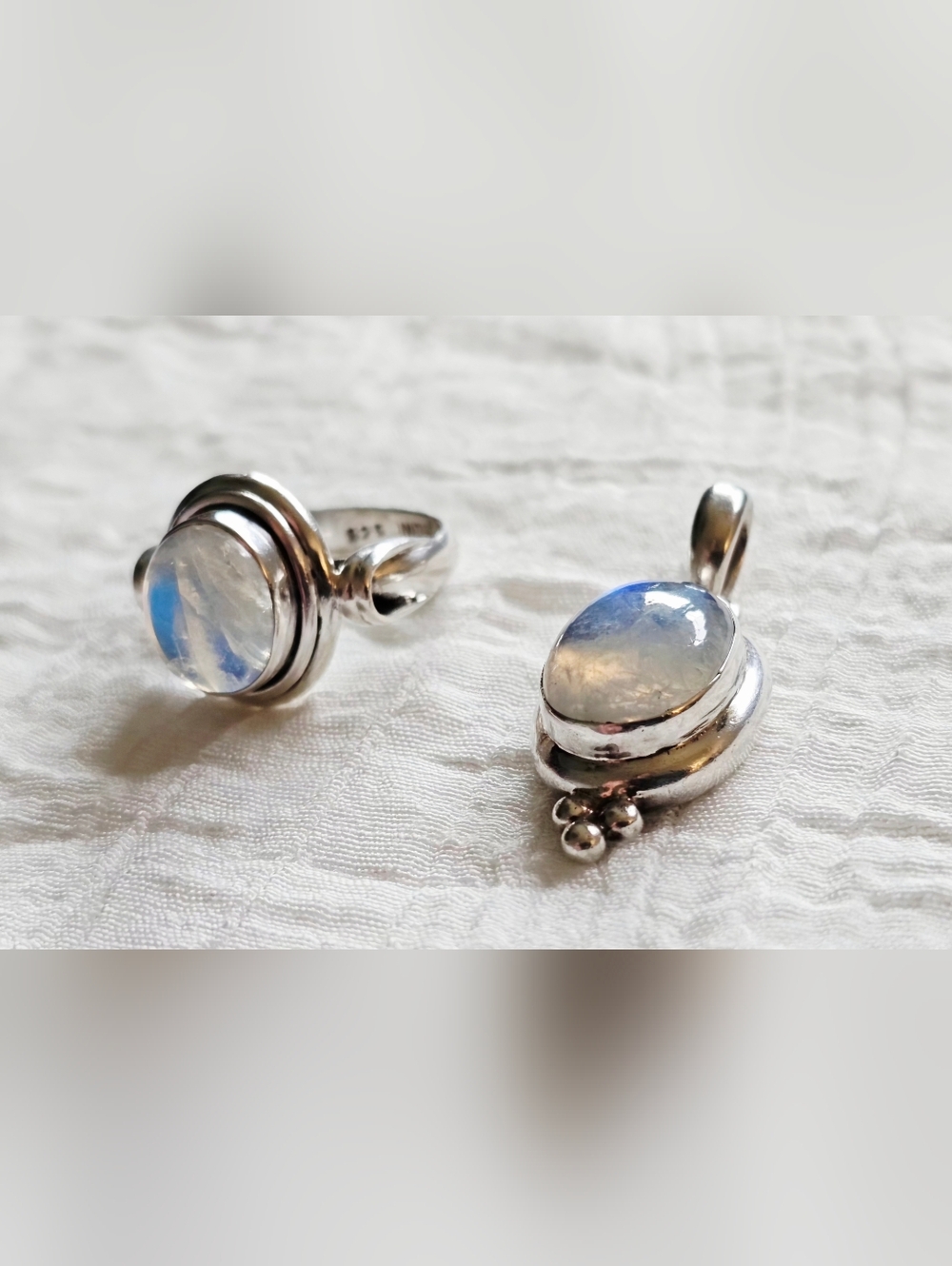 Sterling Silver 925 Rainbow Moonstone Ring Pendant Set Blue Flash Boho India